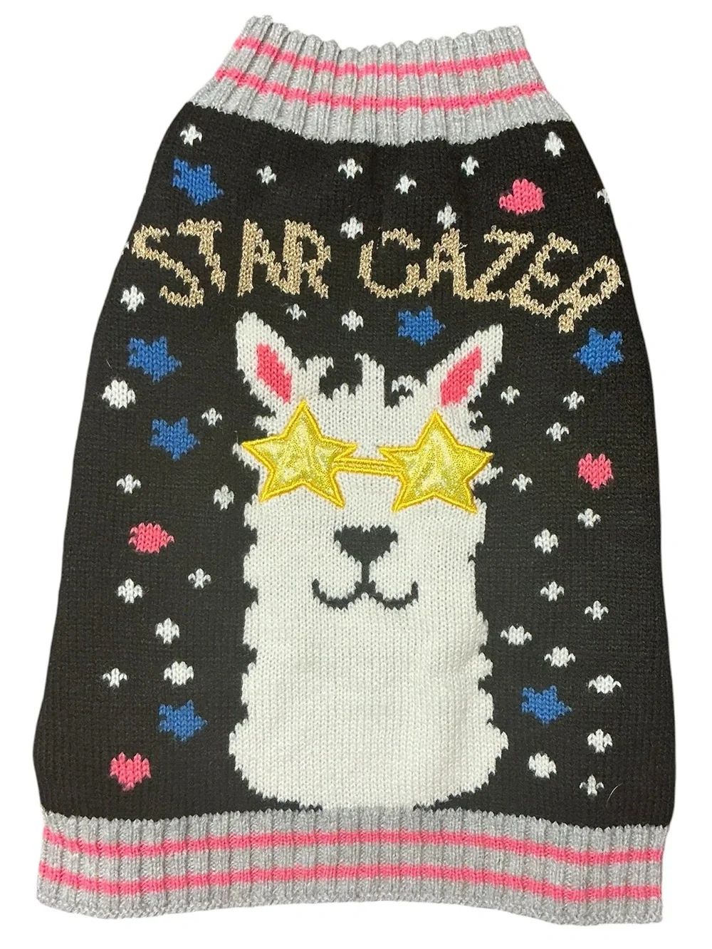Star Gazer Llama Dog Sweater with Yellow Star Glasses